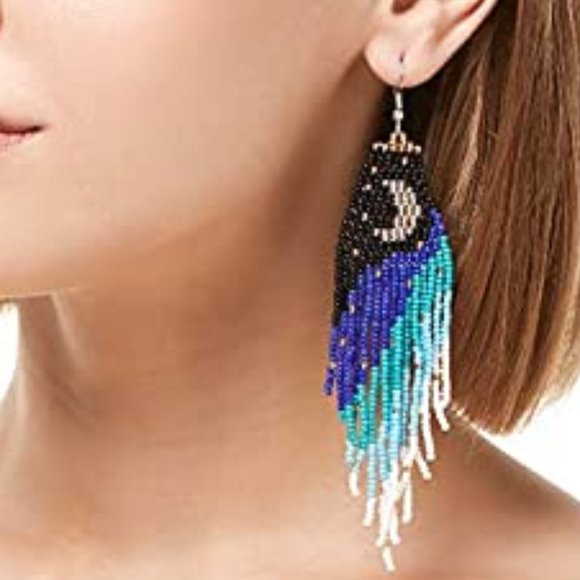 Crescent Moon Night Long 5" Earrings Handmade Beaded Oversized Blue Black - Picture 6 of 7